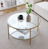 Round Glass Coffee Table with Golden Metal Legs & Shelf Living Room Furniture