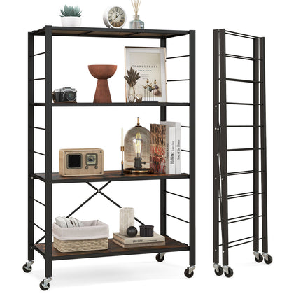 4-Tier Foldable Shelving Unit Heavy Duty Metal Adjustable Shelves w/Wheels