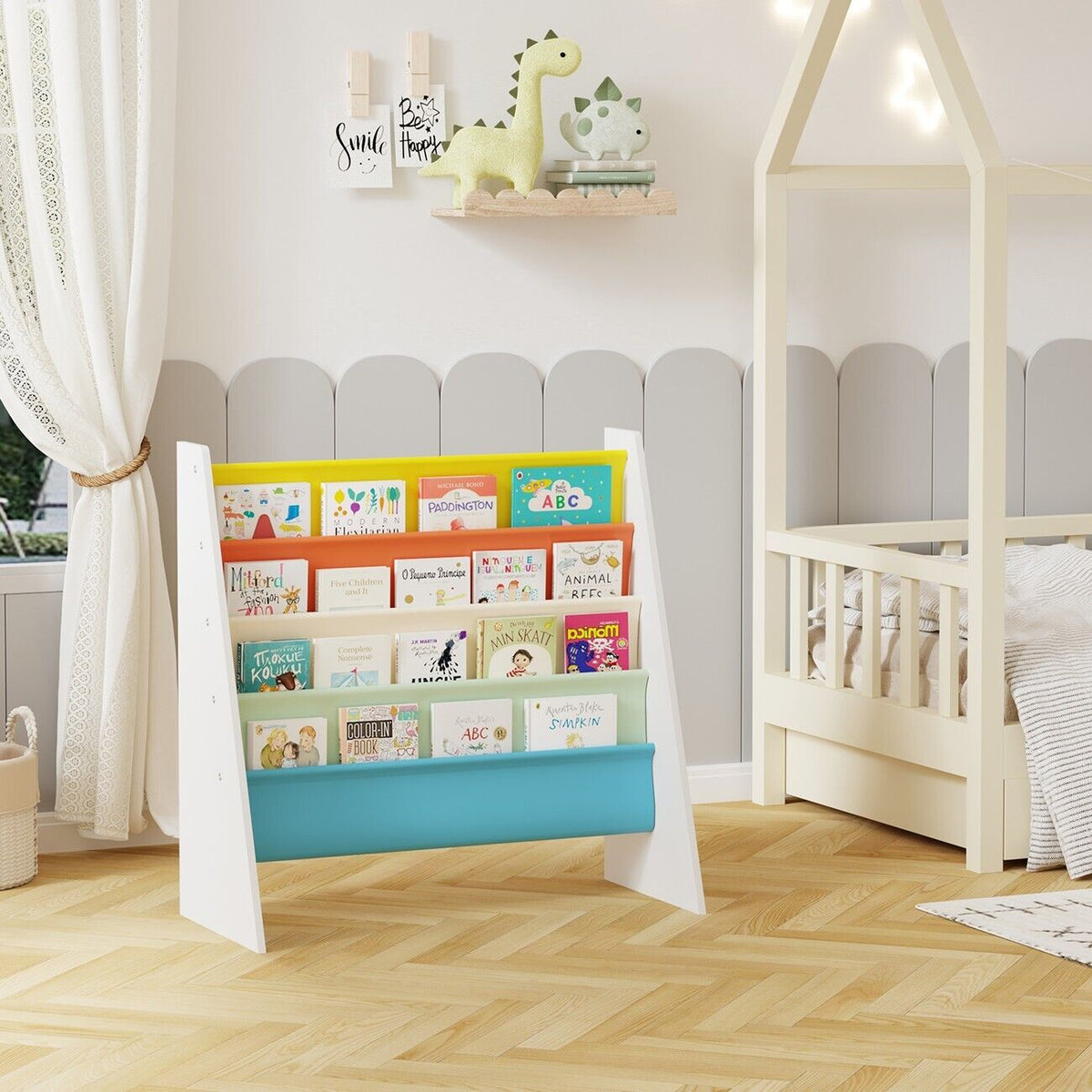 4 Tier Children Sling Book Rack Bookshelf Wooden Kids Book Rack Storag ...