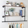 Industrial Pipe Clothes Rail Wall Mounted Garment Rack with 2Tier Shelves