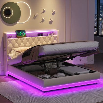 5ft King Size Ottoman Storage Bed Frame Upholstered Headboard LED & USB Charging