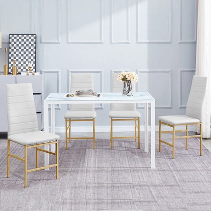 4pcs White Faux Leather Dining Chairs & White Marble Glass Dining Table Set