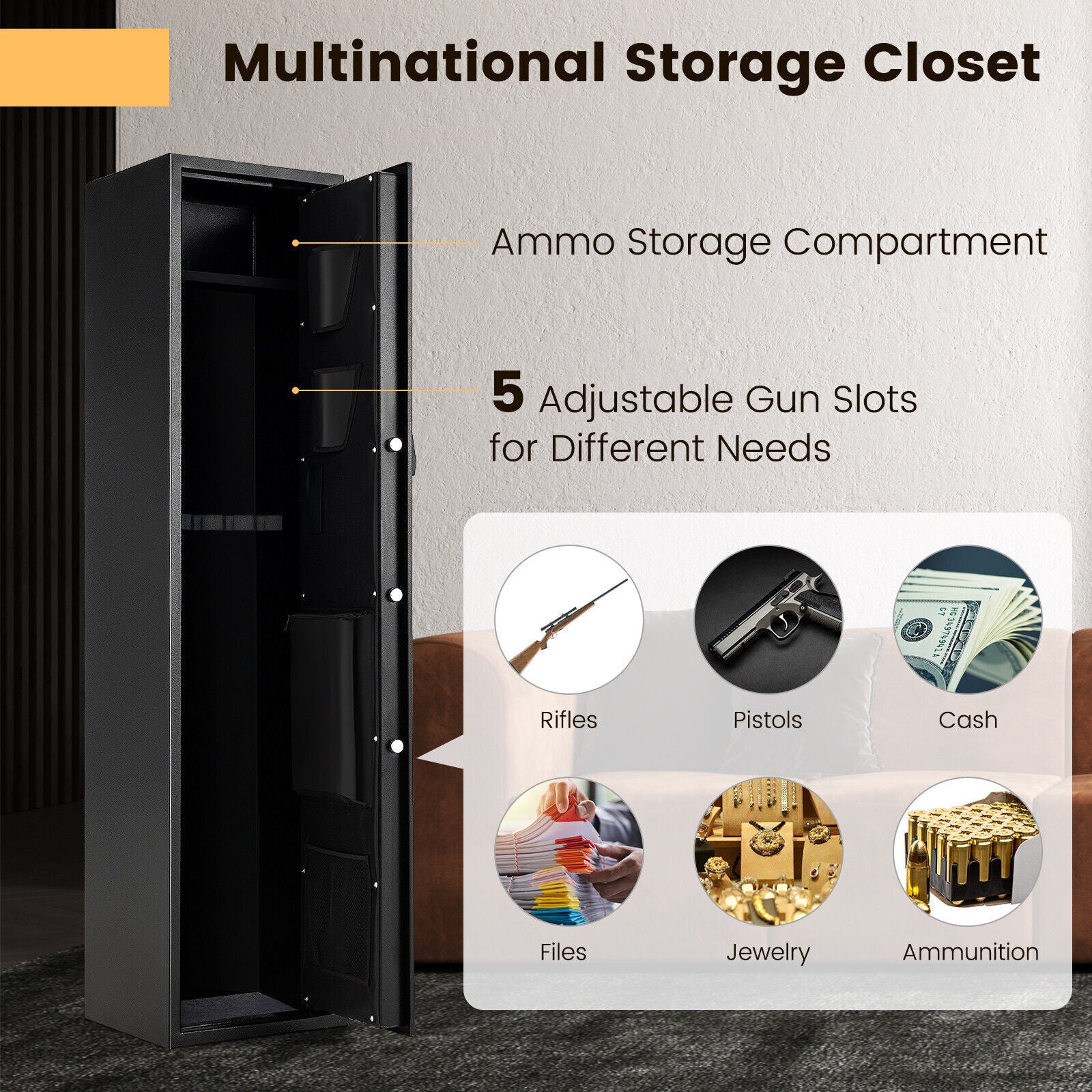 Gun Security Boxes 5-Gun Metal Security Cabinet Long Gun Shotgun Rifle Safe Box w/ Ammo L ...