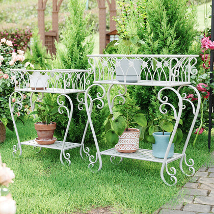 2 Pack 2 Tiers Metal Plant Stand Multiple Planter Rack Flower Display Home Decor