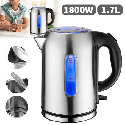2200W 1.7L Electric Kettle Quiet Fast Boil Stainless Steel Jug Overheat Protect