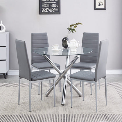 4x Grey Faux Leather Dining Chairs&Round Tempered Glass Silver Legs Dining Table