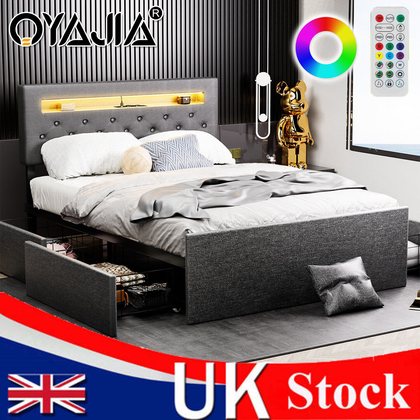 4FT6 Double Bed Frame with 4 Storage Drawers LED Upholstered Headboard UK