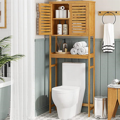 Large Bamboo Over-The-Toilet Storage Cabinet Bathroom Rack with Adjustable Shelf