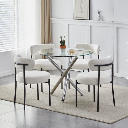 5Pcs Modern Dining Table Set 4 Chairs Glass Table with 4 Boucle Kitchen Chairs