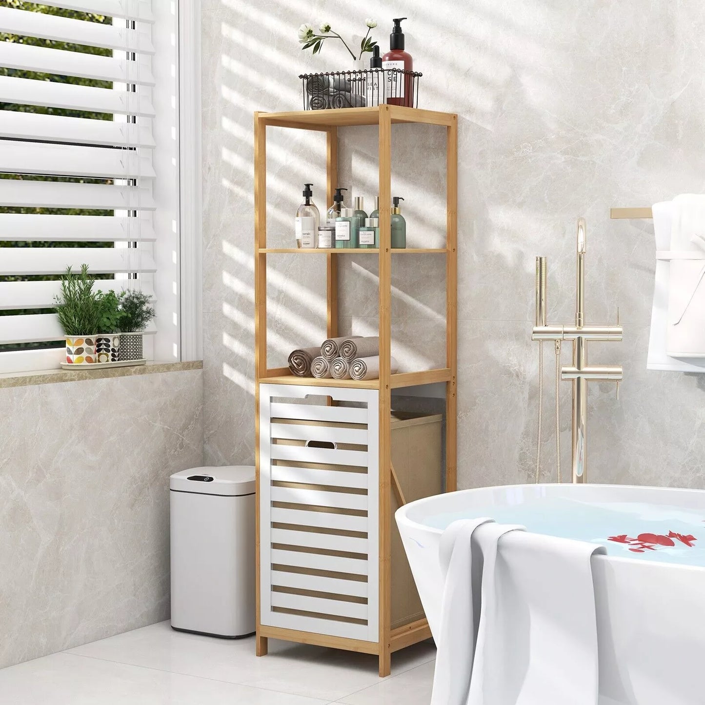 4-Tier Tilt-Out Laundry Hamper Bamboo Pull Out Laundry Hamper w/Shelves