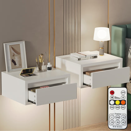 2pcs Floating Bedside Set with Drawers, Nightstand Wall Shelf, High Gloss White