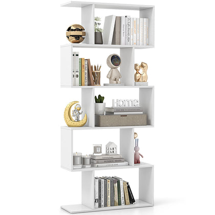 5-Tier Bookshelf Geometric S-Shaped Bookcase Modern Display Shelf-White