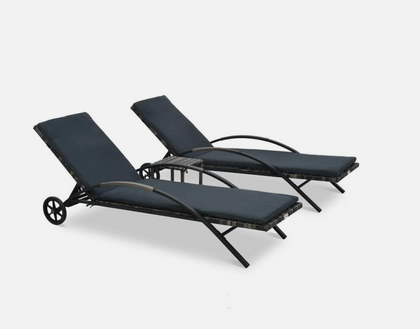 2 Sun Loungers with Table Set Rattan Anthracite Outdoor Garden Reclining Day Bed