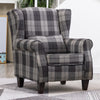 Linen Tartan Chair Armchair Accent Sofa Wing Back Padded Seat Wood Legs w Pillow