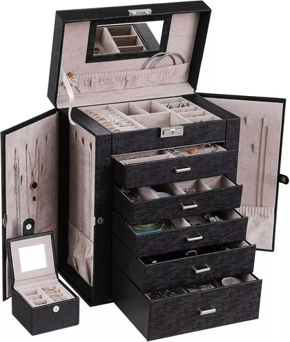 6 Tier Jewellery Organizer Box with Lock & Mirror - Black Storage Case for Gifts
