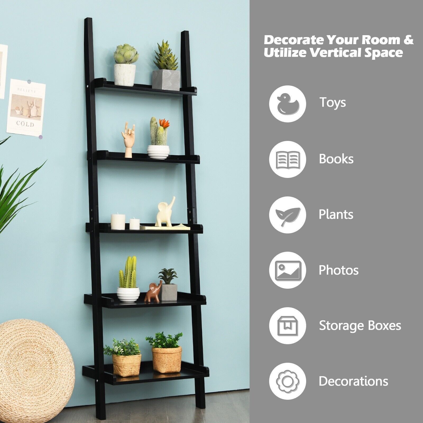 Mdf Ladder Rack Display 5 Tier Wooden Wall Rack Leaning Ladder Shelf Unit Bookcase Display MDF ...