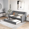 Linen Upholstered Daybed Single Size Trundle Bed Wood Sofa Bed Frame w/Trundle