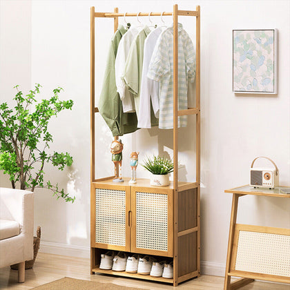 Bamboo Clothes Rails Garment Hanging Rack Display Stand w/3Tiers Storage Shelves