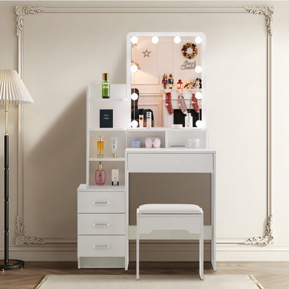 4 Drawers White Dressing Table Set Makeup Desk with Mirror Stool Shelf Storage