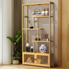 Tall Bamboo Bookcase Ladder Open Bookshelf with Cabinet for Living Room Library