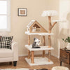 COSTWAY 149 cm Tall Solid Wood Cat Tree Modern Wooden Cat Tower w/ 2 Perches