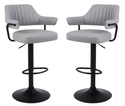 2 X GREY PLUSH BAR STOOLS, GAS LIFT BREAKFAST KITCHEN BAR PADDED ARMS chrome