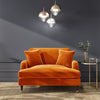 Orange Velvet Loveseat with Saddle Arms Wood Legs Foam Filled Traditional Style