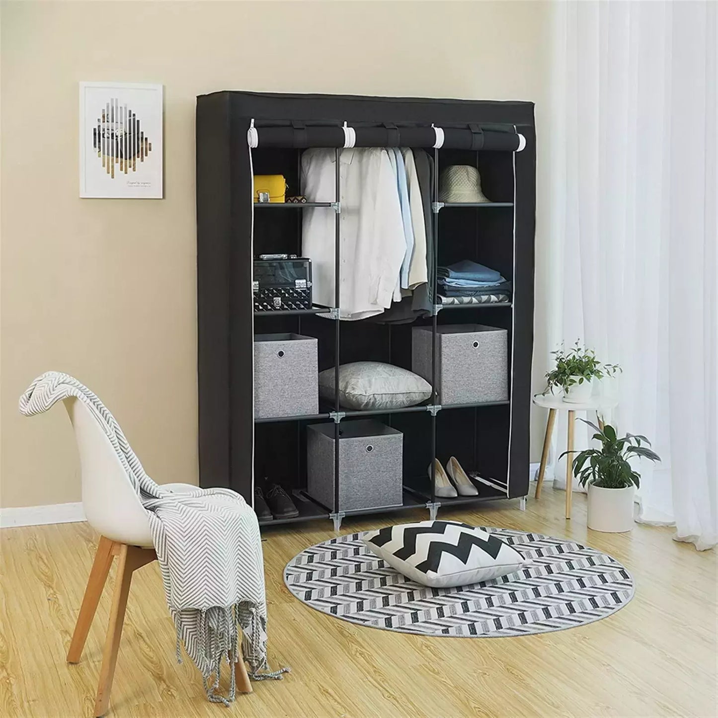 Large Canvas Fabric Wardrobe With Hanging Rail Shelving Clothes Storage Cupboard