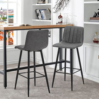 2 Faux Leather Bar Stools Grey with Stripe Padded Seat Metal Legs Kitchen Chairs