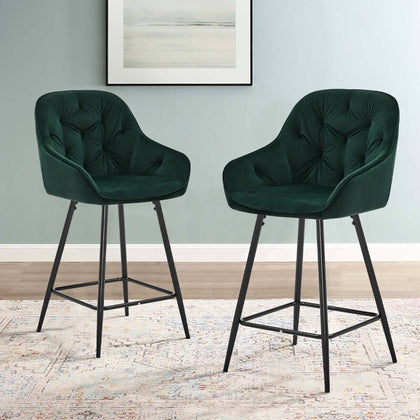 2X Green Velvet Bar Stools Kitchen Breakfast Stool Footrest 65 cm Padded Seat