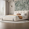 Double Bed Frame, Grey White, Upholstered Wooden Slat Bed Frame with Headboard
