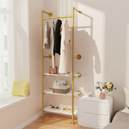 Large Industrial Pipe Clothes Rail Gold Garment Rack 3 Tier Wooden Shelf Closet