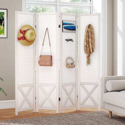 4 Panel Pegboard Room Divider Foldable Privacy Screen White