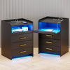 Bedside Table with Charging Station & Led Lights, Bedside Cabinet with 3 Drawers