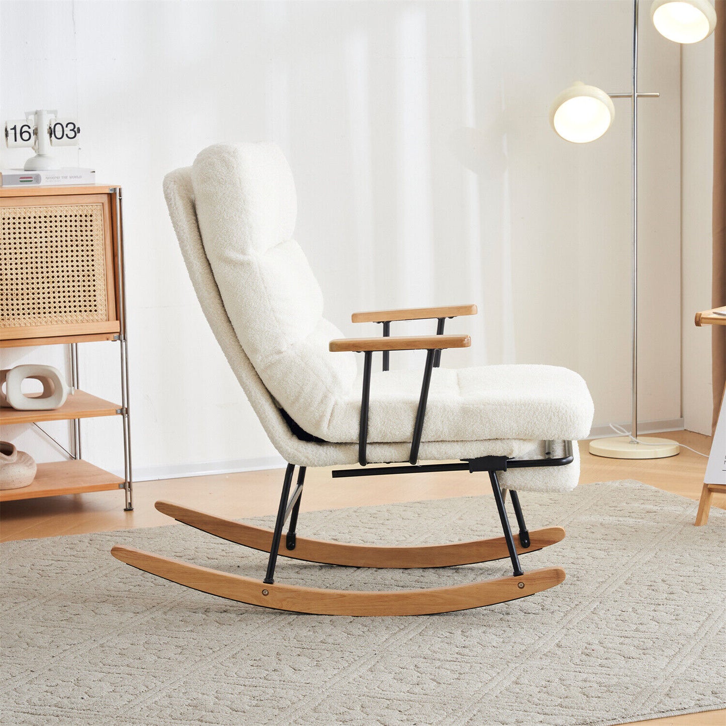 Nursing Boucle Fabric Rocking Chair Relaxing Recliner Armchair with Footrest