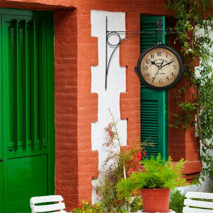 Large Antique Iron Double Sided Wall Clock Garden Hanging Clock Battery Operated