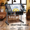 Rolling Drafting Table Angle Adjustable Drawing Artwork Desk with Glass Tabletop