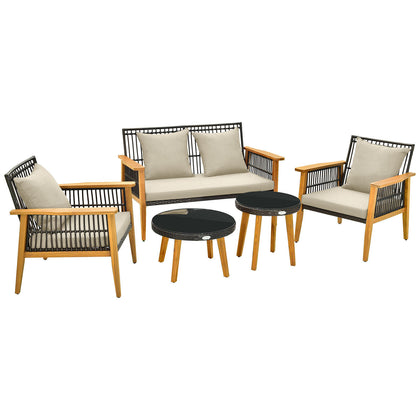 5Pcs Outdoor Conversation Set Wicker Furniture Set Garden Chair Bench Table Set