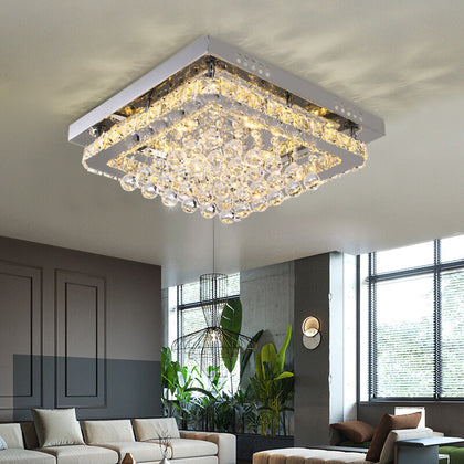 40cm Crystal Chandelier Lamp LED Square Crystal Ceiling Light Dimmable w/ Remote