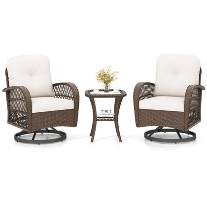 3 Pieces Outdoor Patio Furniture Set Rattan Swivel Rocker Chairs Set White