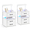 Bedside Table White LED Cabinets 3 Drawers Nightstand Bedroom W/Charging Station