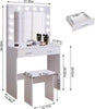 White Dressing Table Set With LED Lights Mirror, Vanity Makeup Drawers And Stool