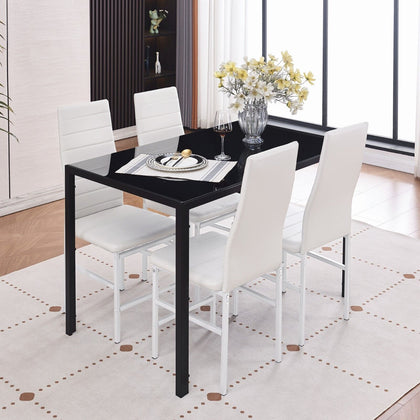 4pcs White Faux Leather Dining Chairs & Black Tempered Glass Dining Table Set