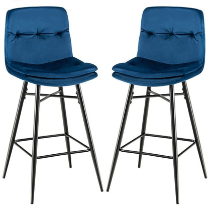 2Pcs Velvet Bar Stools Metal Frame Modern Height Chairs w/Tufted Back Footrest