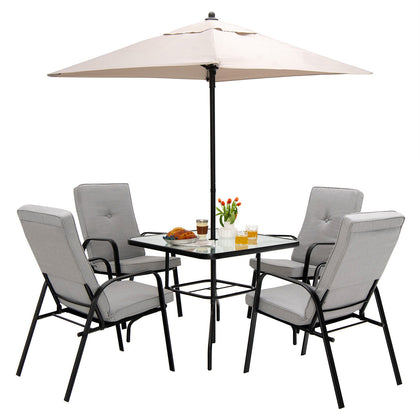 6 Pieces Patio Dining Set Outdoor Furniture Set Tempered Glass Table w/ Umbrella