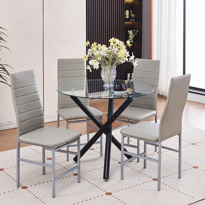 4x Grey Faux Leather Dining Chairs & Round Clear Glass Dining Table Black Legs