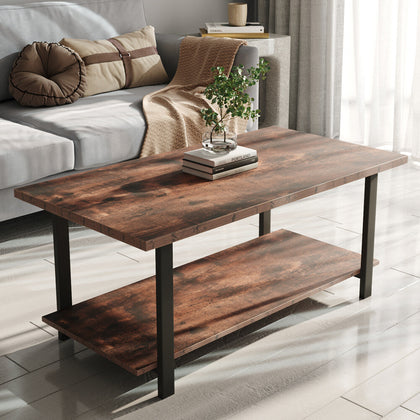 2 Tier Retro Coffee Table Rectangle Rustic Wood Living Room Tables Storage Shelf