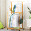 Rolling Bamboo Clothes Rail Garment Rack Long Dress Hanging Rod Side Pant Holder