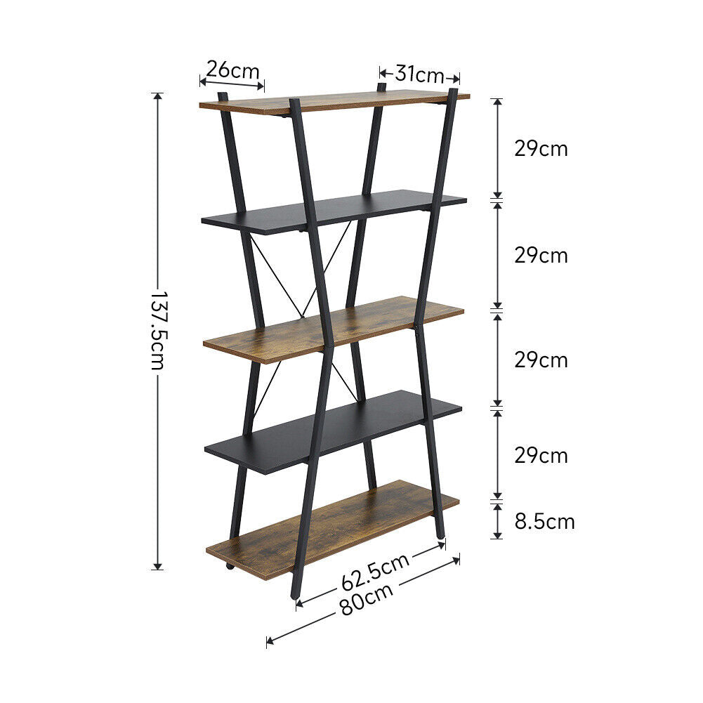 Wooden Bookshelf Bookcase Industrial Style Shelves 5 Tier Display Rack Organiser