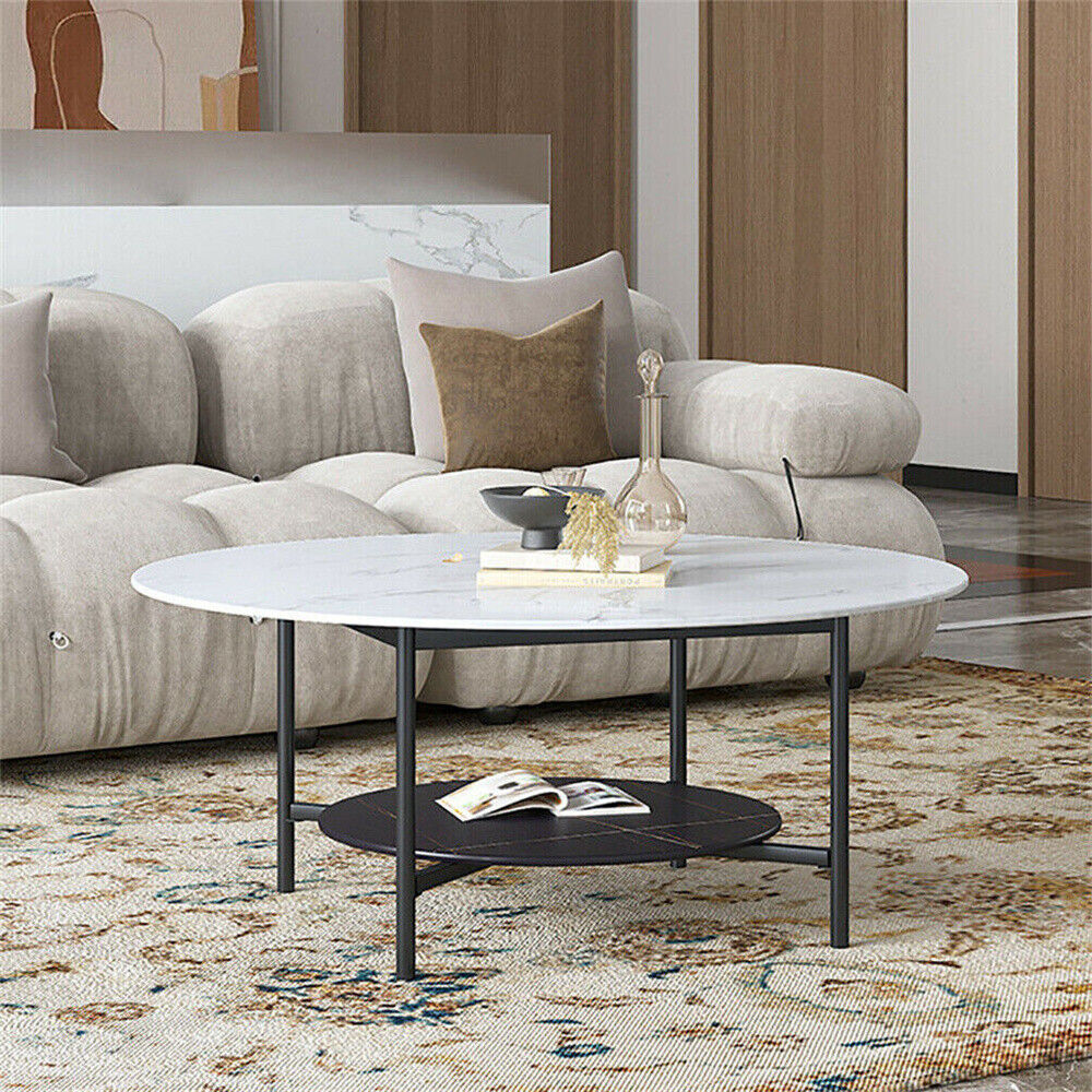 Heavy Duty Marble Coffee Table Large 2 Tier Round Sofa Side End Table ...
